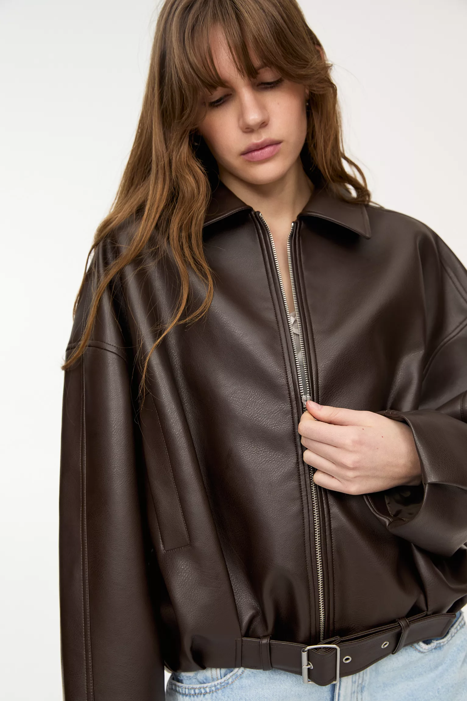 Faux leather bomber jacket - Marron