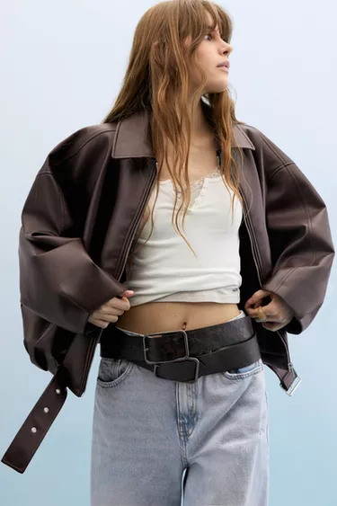 Faux leather bomber jacket - Marron